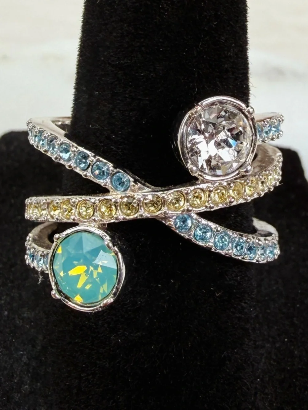 Elegant Silvertone Ring with Blue and Green Accents sz 8